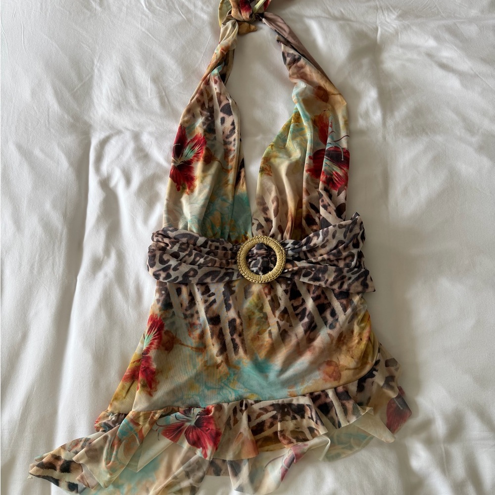 Jaded London Beige Floral Halter Dress with Leopard Print Belt
